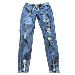 Distressed Drawstring Denim Jogger Jeans Ripped Womens Large